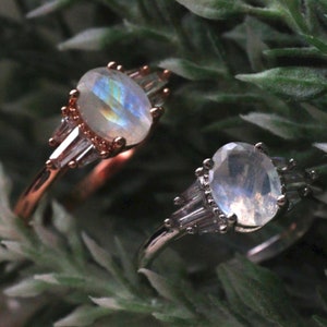 Natural Oval Rainbow Moonstone Ring 14k Rose Gold Moonstone Cluster Crystal ring, June Birthstone Engagement ring Unique Promise Ring