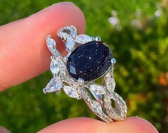 ACOTAR inspired Blue Sandstone Engagement Ring Set, Nontraditional Starry Night Ring, Night Court, Feyre Acheron Ring, Celestial Wedding
