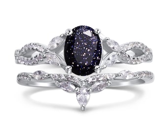 Blue Sandstone Engagement Ring Set: Starry Night Sterling Silver Ring