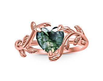 Heart Moss Agate Ring: Rose Gold Leaf Vine Band, S925 Sterling Silver