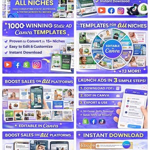 May include: A promotional graphic for Canva templates, featuring multiple panels with text and images. The panels highlight features like easy editing, instant download, and conversion capabilities. The graphic promotes templates for various niches.