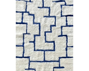 Tapis de Luxe en Laine à Motif Treillis 260x160 cm | Bleu Marine et Blanc | Tissage Artisanal Marocain