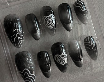 All About Movement - Custom-sized, hand-painted press-on nails with 3D swirls, Chrome, French tips and Gradient background