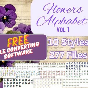 Op de afbeelding: Een digitale download van 277 bloemalfabetische bestanden in 10 stijlen. De afbeelding toont een paarse bloem met een aanbod voor gratis bestandsconversiesoftware.