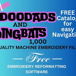 Op de afbeelding: Een roze en zwarte afbeelding met de tekst "Volume 1", "DOODADS AND DINGBATS", "1.000 HOOGWAARDIGE MACHINE-BORDEERBESTANDEN", "GRATIS Catalogus voor eenvoudige navigatie", en "GRATIS EMBROIDERY REFORMATTING SOFTWARE".