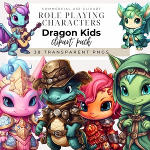 Personagens de RPG de dragão fofos para crianças, clipart, DOWNLOAD INSTANTÂNEO, gráficos de personagens para crianças, jogos de RPG, de mesa e de caneta e papel
