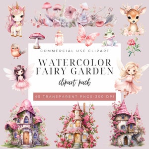 Verzauberter Garten Fee Clipart, SOFORTIGER DOWNLOAD Fantasie Clipart, magische Aquarell Feen, Schmetterlinge, Feenhaus PNG, Pilz Grafiken