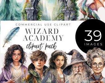 Wizard Academy Clipart INSTANT DOWNLOAD Fantasy School Graphics & Enchanted World PNGs Students, Magic Castles, Portals, Wizard Hats, Dragon