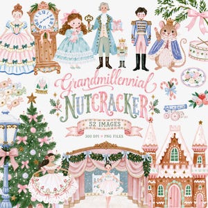 Può includere: Una collezione digitale di 52 illustrazioni ad acquerello a tema Schiaccianoci, tra cui una ballerina, un re topo, un orologio a pendolo, un albero di Natale, un castello di pan di zenzero e il testo Grandmillennial NUTCRACKER.