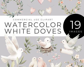Watercolor White Dove Clipart INSTANT DOWNLOAD Peaceful Bird Illustrations for Weddings, Valentine&#39;s, Baby Showers, Invitations, Scrapbooks