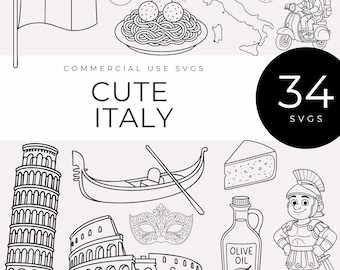 Lindos SVG de Italia, iconos de arte lineal monolineal en blanco y negro de comida, lugares emblemáticos y viajes, imágenes de contorno italianas, gráficos de garabatos