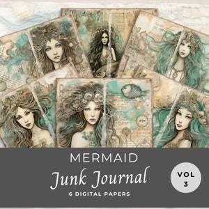 Whimsical Mermaid Junk Journal Paper Pack 3 DESCARGA INSTANTE con elementos náuticos vintage y efímera, hoja de collage 11 x 8.5, JJ002
