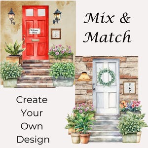 May include: Two watercolor illustrations of house entrances with brick walls, steps, and potted plants. The first entrance has a red door with a "Welcome Home" sign above it. The second entrance has a white door with a green wreath. Both entrances have a house number plaque.