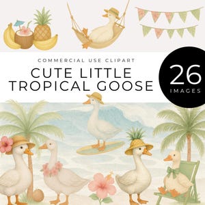かわいいトロピカルガチョウのクリップアート、すぐにダウンロード可能、ヴィンテージの夏のアヒル、ビーチパーティーのルアウのグラフィック、バケーションの雰囲気、面白いコテージコアの動物