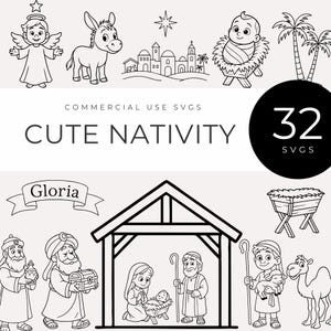 May include: Black and white illustrations of a nativity scene, including an angel, donkey, star, town, baby Jesus, palm trees, and the text "Cute Nativity SVGs". The image also includes the text "Commercial Use SVGs" and the number "32".