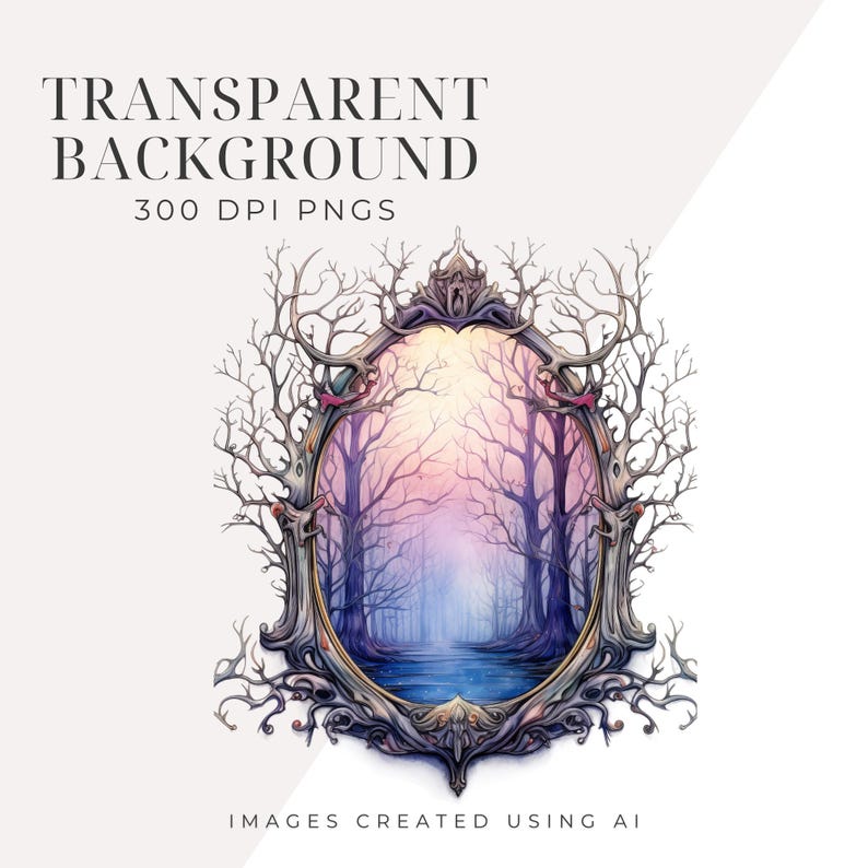 May include: A digital illustration of a forest scene framed by a decorative, ornate, gold-coloured frame. The forest is depicted in shades of purple, blue, and pink, with a river running through the centre. The frame is adorned with intricate details, including branches, leaves, and a crown.