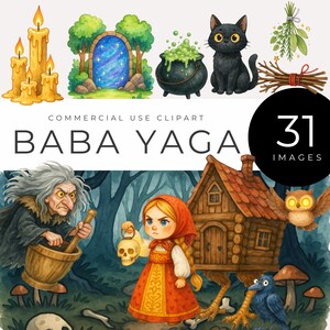 May include: A watercolour clipart set with Baba Yaga illustrations. Includes a witch, a girl, a house on chicken legs, a black cat, a cauldron, candles, a portal, an owl, a raven, and the text "Baba Yaga".