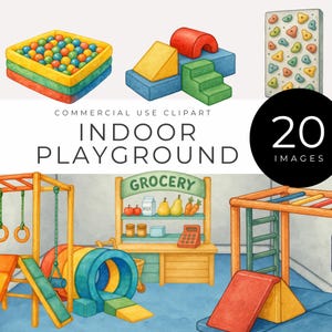 Clipart di parchi giochi al coperto, PNG di attrezzature per sale giochi ad acquerello, grafica digitale per palestre per bambini, asili nido, scuole materne e asili nido, generatore di scene per interni