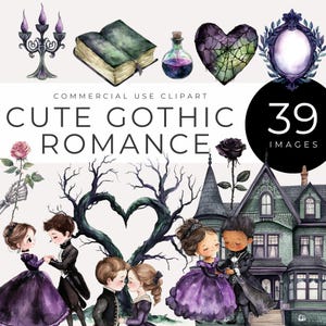 Clipart fofo de romance gótico, DOWNLOAD INSTANTÂNEO, gráficos de amor sombrio em aquarela, casal gótico vitoriano, casamento de Halloween, imagens de fantasia vintage