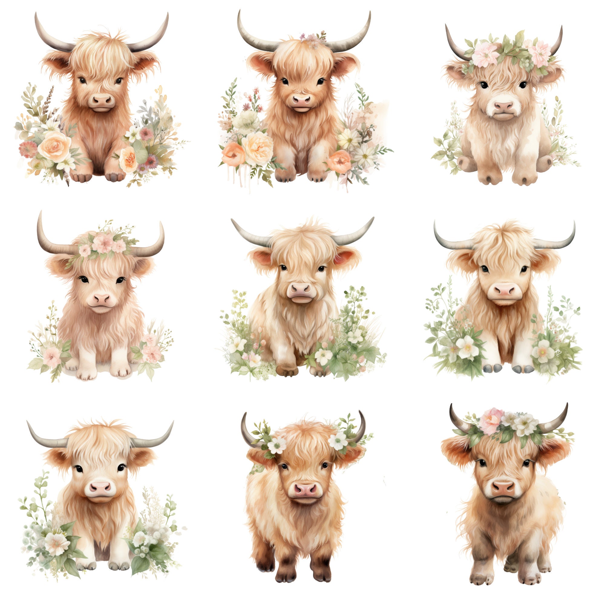 Watercolor Baby Highland Cows INSTANT DIGITAL DOWNLOAD Farm Animals ...