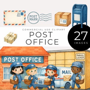 Watercolor Post Office Clipart, Instant Download, Cute Mail Carrier Kids, Envelope, Packages, Mail Truck, Postmark PNGs for Classroom, Craft