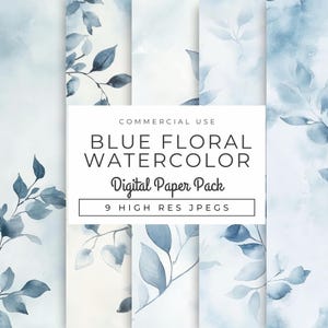 Weiche blaue Aquarell Blumen Digital Papiere INSTANT DOWNLOAD Pastell Kulissen mit zarten Blättern, Scrapbooking, Einladungen, Hintergrund Designs