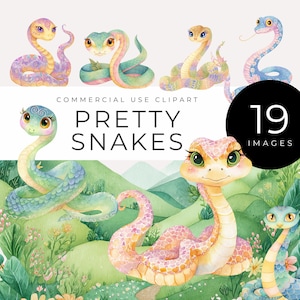 Imágenes prediseñadas de serpientes bonitas, descarga instantánea, imágenes PNG de reptiles en tonos pastel, gráficos caprichosos para niños, guardería, año de la serpiente, animales de la selva para niñas