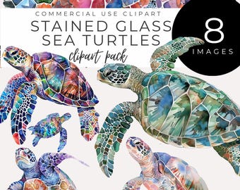 Sea Turtle Stained Glass Png INSTANT DOWNLOAD Watercolor Ocean Animal Clipart, Nautical & Coastal Decor Graphics for Scrapbooks, Card Making