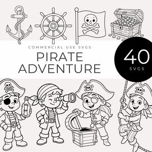 Könnte beinhalten: Schwarz-Weiß-Illustrationen mit Piratenmotiven, darunter ein Anker, ein Steuerrad, eine Piratenflagge, eine Schatzkiste und Cartoon-Piraten. Der Text "PIRATE ADVENTURE" und "40 SVGS" sind ebenfalls enthalten.