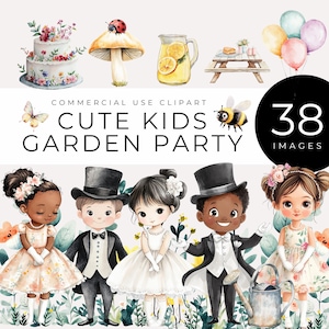 Niedliche Kinder Gartenparty Clipart, sofortiger Download, niedliche Grafiken für Einladungen, Frühlingsparty Dekor, Geburtstag Themen und Scrapbooking Kunst
