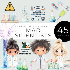 マッドサイエンティストのクリップアート、即時ダウンロード、STEMキッズ、ワイルドヘアキッズ、実験器具、科学名言集、パーティーや教室の装飾に最適な水彩PNG