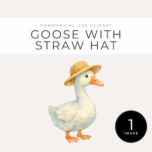 Clipart de ganso com chapéu de palha, download instantâneo, ganso cottagecore em aquarela PNG, arte de animal de fazenda, decoração de jardim de verão, chá de bebê para berçário