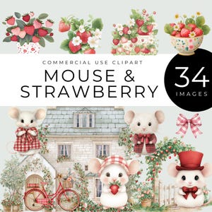Clipart souris et fraise, téléchargement immédiat, animaux des champs Cottagecore, jardin d'été PNG, graphismes de ferme mignon, cottage, vélo, portail