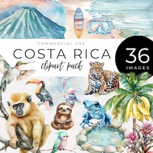 Clipart Costa Rica TÉLÉCHARGEMENT IMMÉDIAT Aquarelle de la faune, oiseaux, scènes de la jungle, fleurs tropicales, art de l'aventure pour la décoration de voyage et l'artisanat