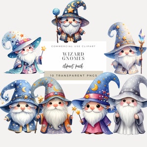 Clipart aquarelle de nain sorcier TÉLÉCHARGEMENT IMMÉDIAT Graphismes enchanteurs de nain pour travaux manuels, créations et invitations, png transparents, usage commercial