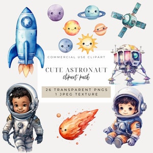 Aquarel astronaut clipart INSTANT DOWNLOAD inrichting kinderkamer, ruimte clipart, maan, planeten, ufo, telescoop, ster, Lunar Rover pngs