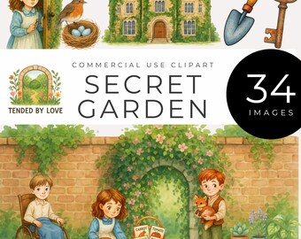 The Secret Garden Clipart, Instant Download, Watercolor Storybook Characters, Vintage Garden, Manor, Robin, Keys, Classic Book Inspired PNGs