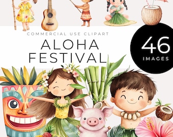 May include: A set of 46 digital illustrations featuring a variety of cute cartoon characters, tropical plants, and Hawaiian-themed objects. The illustrations are perfect for creating invitations, cards, and other crafts.
