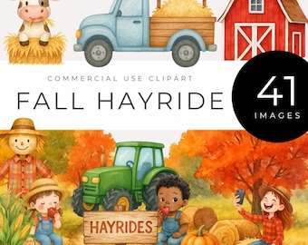 Herbst Hayride Clipart, Herbsternte Kürbisse Traktor Vogelscheuche Bauernmarkt Grafiken, rustikale Landfest Designs, digitaler Download PNG