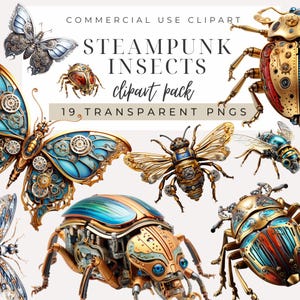 Clipart di insetti meccanici Steampunk DOWNLOAD IMMEDIATO Coccinelle in metallo, scarabei, farfalle e api, grafica industriale e meccanica