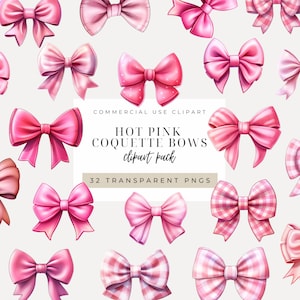 May include: A collection of hot pink coquette bows in various styles, including solid, polka dot, and gingham patterns. The image includes the text "HOT PINK COQUETTE BOWS clipart pack" and "32 TRANSPARENT PNGS". The bows are digitally rendered with highlights and shadows.