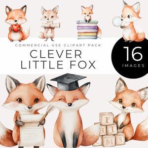 Kluger Fuchs Clipart, sofortiger Download, Aquarell Waldtiere, Bücherwurm Bilder, niedliche Abschlussfeier & Schule-Themen digitale Grafiken, png