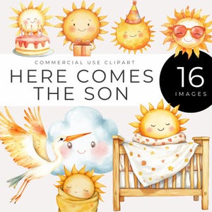 Aquí viene el hijo Clipart DESCARGA INSTANTÁNEA Acuarela Primer viaje alrededor del sol, Baby Shower soleado, Decoración de guardería, Invitaciones de cumpleaños