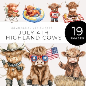 Clipart Highland Cow, 4 juli, patriottische aquarel boerderijdieren, picknick, vuurwerk, Americana Bulls, rood wit blauw, Independence Day