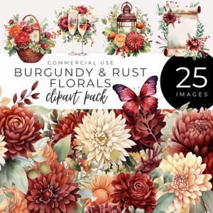 Aquarell Burgund und Rost Blumen Clipart INSTANT DOWNLOAD Herbst Chrysanthemen, Rosen und Eukalyptus für Herbst-Hochzeitsdekor & lädt ein