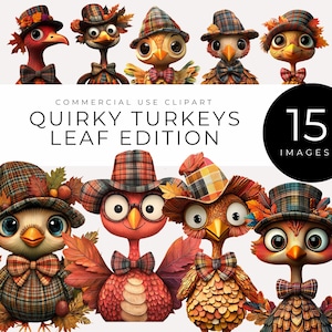Dinde originale Clipart Pack TÉLÉCHARGEMENT IMMÉDIAT Dindes amusantes de dessins animés de Thanksgiving à carreaux, images de récolte d'automne mignonnes pour cartes, travaux manuels et décoration