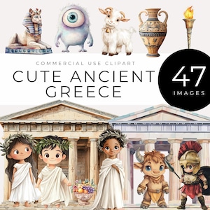 Clipart carina dell'antica Grecia, download immediato, immagini digitali della mitologia greca, grafica della storia greca per bambini, personaggi e elementi della toga PNG