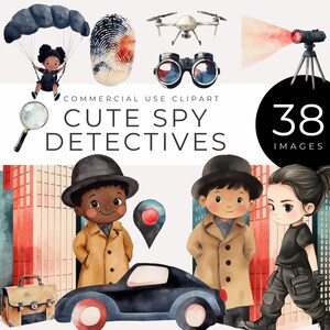 Aquarel spiondetective clipart, instant download, schattige geheimagent illustraties voor kinderen ambachten, scrapbooking, feestuitnodigingen en decor