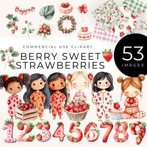 Clipart baby shower doux baies, téléchargement immédiat, aquarelle fraises png, décoration de fête, chiffres mignons et arrière-plans pour invitations, travaux manuels