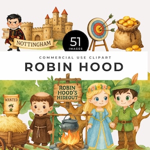 Robin Hood-clipart, direct downloaden, middeleeuwse sprookjesfiguren, Sherwood Forest, kastelen, png's voor boogschieten voor verhalenboeken, knutselen en feesten